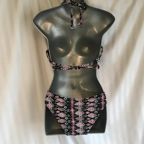 Women's HOLLISTER Black Pink Tribal Swim Bikini Top Push Up Size 34C Bottoms L - Picture 9 of 15
